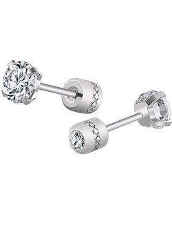Stainless Steel Cubic Zircon Screw Setting Stud Earrings (Silver Clear)