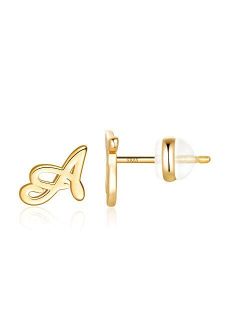 Initial Stud Earrings for Girls Women, S925 Sterling Silver Post 14K Gold Plated Initial Letter Stud Earrings for Toddler Kids Hypoallergenic Tiny Alphabet Initial Studs 