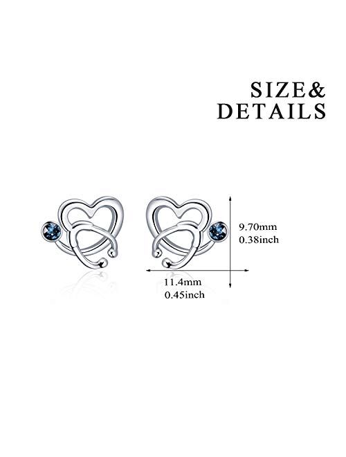 AOBOCO Nurse Earrings Sterling Silver Stethoscope Earrings Simulated Birthstone Studs Earrings with Austrian crystals, Perfect Jewelry Gifts For Nurse Doctor RN Medical S