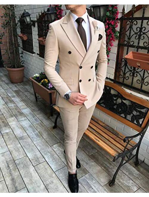 Mens Suits 2 Piece Classic Double Breasted Jacket Peak Lapel Business Formal