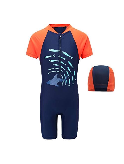 Boys One Piece Swimsuits Short Sleeve Rash Guard Shirt Bathing Suits for Boys
