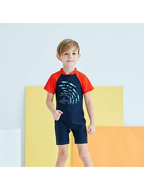 Boys One Piece Swimsuits Short Sleeve Rash Guard Shirt Bathing Suits for Boys