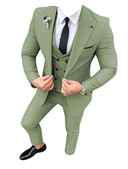 Ceehuteey Mens Prom Suit Premium Tailored Wedding Peak Lapel Tuxedo 3 Piece Double Breasted Vest