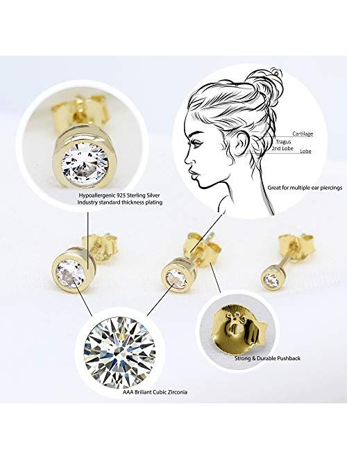 Spoil Cupid 14K Gold Plated 925 Sterling Silver Cubic Zirconia Round Bezel Set Stud Earrings, 2mm 3mm 4mm stone