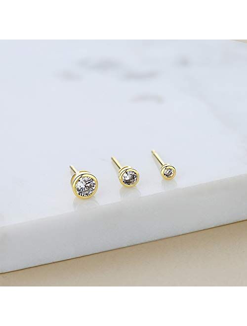 Spoil Cupid 14K Gold Plated 925 Sterling Silver Cubic Zirconia Round Bezel Set Stud Earrings, 2mm 3mm 4mm stone