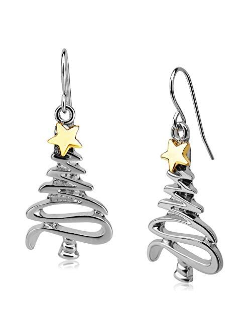 Cute Christmas Tree Piercing Dangle Earrings Golden Silver Two Tone Women Girls Holiday Gift