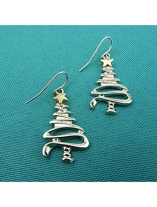 Cute Christmas Tree Piercing Dangle Earrings Golden Silver Two Tone Women Girls Holiday Gift