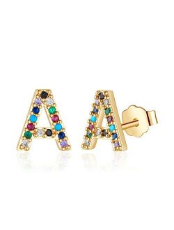 Initial Stud Earrings for Girls Women, Hypoallergenic 925 Sterling Silver Post Rainbow Cubic Zirconia Gold Plated 26 Initial Earrings for Girls Women Jewelry Gifts