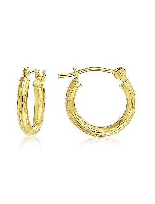 TILO JEWELRY 14k Yellow Gold Hand Engraved Full Diamond-cut Round Hoop Earrings