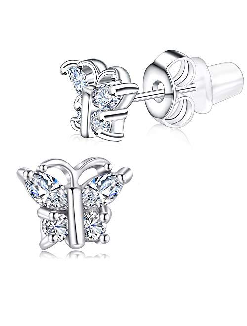 Buyless Fashion Girls Butterfly Birthstone Stud Earrings - Hypoallergenic Surgical Stainless Steel with Cubic Zirconia