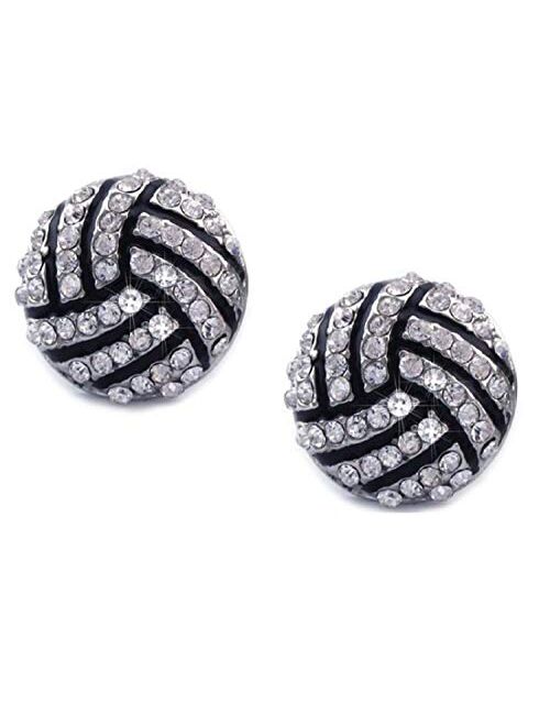 Kenz Laurenz Volleyball Earrings Studs - Crystal Rhinestone Post Silver Bling