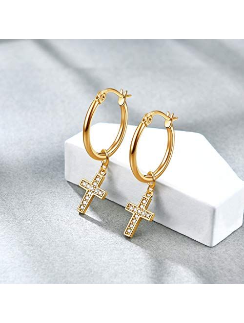 Moon & Star Charms Huggie Hoop Earrings for Women, Dangle Hoops for Teen Girls, 14K Gold Plated with Cubic Zirconia & Opal Earrings