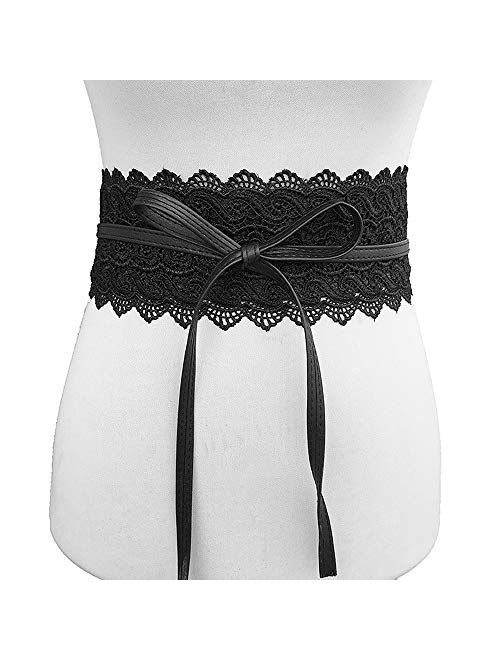Jurxy 2 Packs Women's Bowknot Lace Wide Waist Band Belt Women Belt Bow Tie Wrap Faux Leather Obi Style Boho Corset Waist Belts - Black