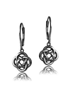 Hoops & Loops - Sterling Silver Love Knot Flower Dangle Leverback Earrings | Black, Sterling Silver, Yellow and Rose Flash Plated