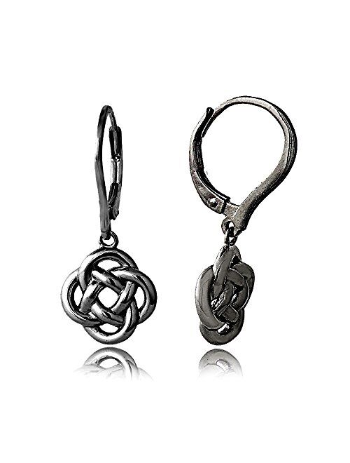 Hoops & Loops - Sterling Silver Love Knot Flower Dangle Leverback Earrings | Black, Sterling Silver, Yellow and Rose Flash Plated