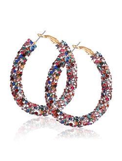 NLCAC Glitter Hoop Earrings Bohemian Sparkle Resin Rhinestone Wrapped Hoop Dangle Earrings for Women Girls
