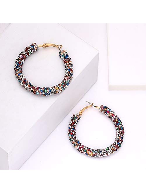 NLCAC Glitter Hoop Earrings Bohemian Sparkle Resin Rhinestone Wrapped Hoop Dangle Earrings for Women Girls