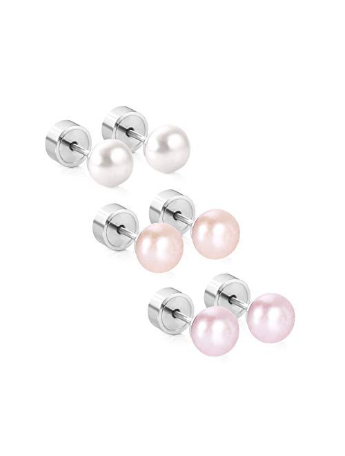 LUXU kisskids 316L Stainless Steel Pearl Stud Earrings for Kids Teen Girls Silver