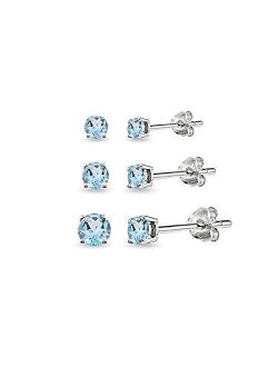 3-Pair Set Sterling Silver Gemstone Round Stud Earrings for Women Teen Girls, 3mm 4mm 5mm