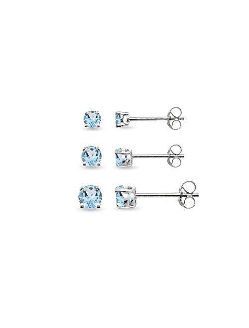 3-Pair Set Sterling Silver Gemstone Round Stud Earrings for Women Teen Girls, 3mm 4mm 5mm
