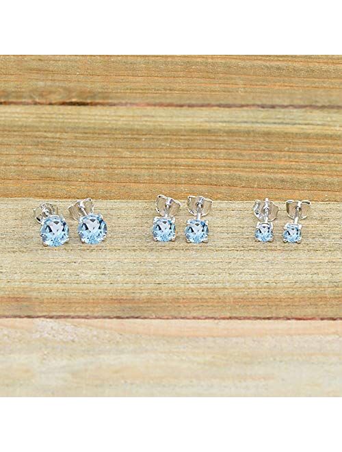 3-Pair Set Sterling Silver Gemstone Round Stud Earrings for Women Teen Girls, 3mm 4mm 5mm