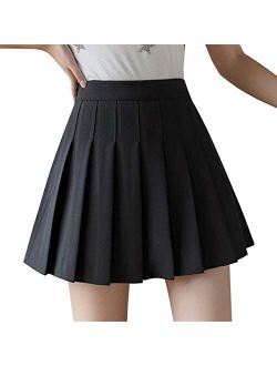 Girls Women High Waisted Plain Pleated Skirt Skater Tennis School Uniforms A-line Mini Skirt Lining Shorts