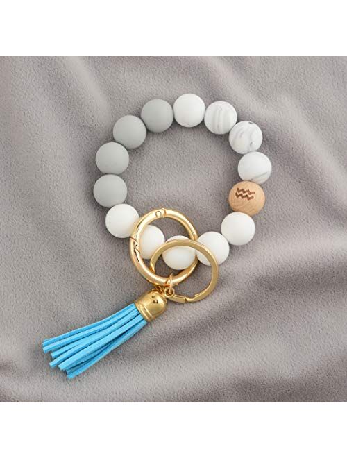 Coolcos Zodiac Signs Constellations Car Key Ring Bracelet, Silicone Beaded Keychain Wristlet for Women w/ Gift Box