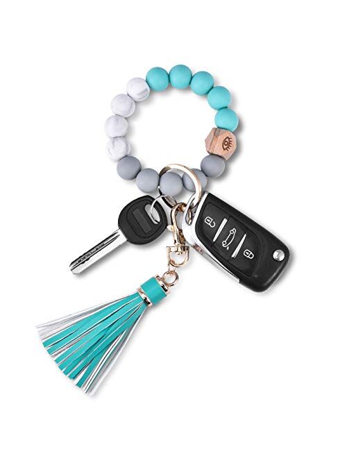 Key Ring Bracelet Wristlet Keychain: Silicone Beaded Bangle Chains