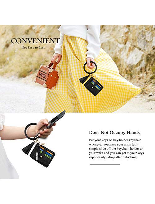 Circle Bangle Leather Keychain Wallet ID Card Holder Keyring Wristlet Bracelet Key Ring Chain Tassel Purse Women Girls