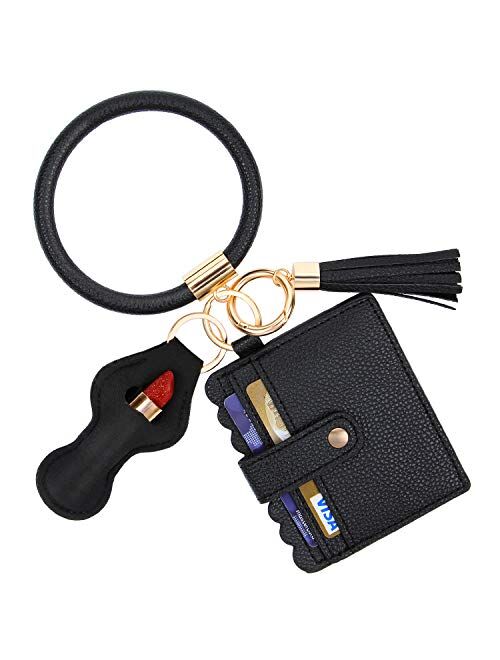 GDKEY Keychain Bracelet, Keychain Pocket Card Holder, Tassel Key Chain Wristlet Ring Circle Bangle,Charpstick Holder Keychain