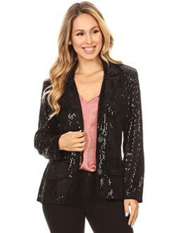 Anna-Kaci Women's Evening Sparkle Sequins Open Front Long Sleeve Blazer Jacket