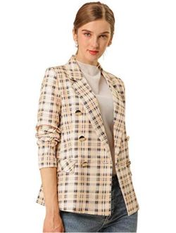 Women's Notched Lapel Double Breasted Plaid Formal Blazer Jacket