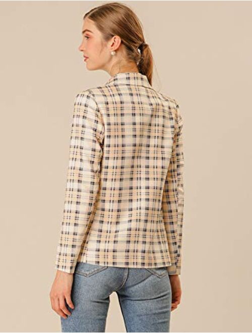 Allegra K Women's Notched Lapel Double Breasted Plaid Formal Blazer Jacket