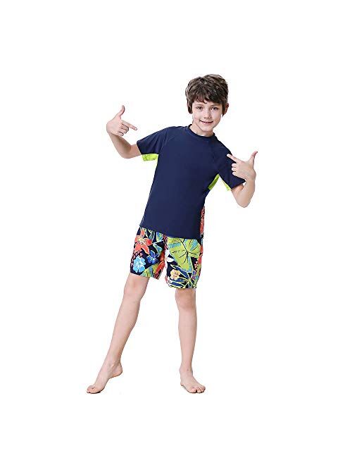 Boys Swimsuits 2 Piece Rash Guard Bathing Suit Long Sleeve Swimsuits Boys Trunks Sets for 5-14 Years