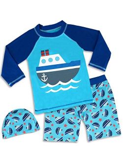 Baby Toddler Boys Two Piece Rash Guard Swimsuits Kids Short Sleeve Sunsuit Swimwear Sets with Hat UPF 50 Blue Shark 