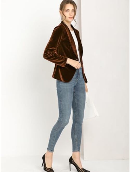Allegra K Women's Office Coat Solid Shawl Collar 1 Button Velvet Blazer