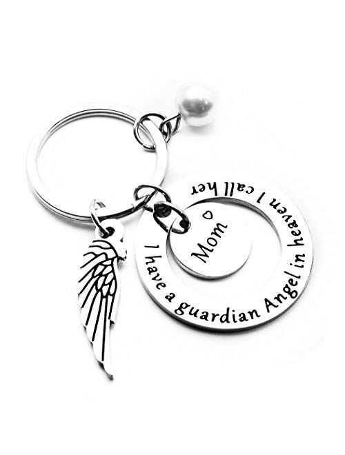 N/X Mom Memorial Keychain Gift Loss of Mother Jewelry I have a guardian Angel in heaven I call her Mom Keychain Sympathy for Remembrance Memory Gifts, Silver, Small