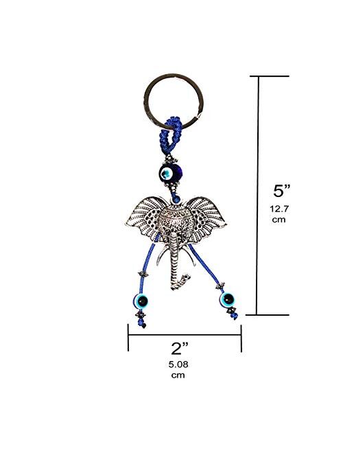 LUCKBOOSTIUM - Silver Ornate Elephant keychain charm with an Evil Eye bead and 2 hanging lucky eyes, elephant symbol of strength, patience, for Home and Office, Great Gif
