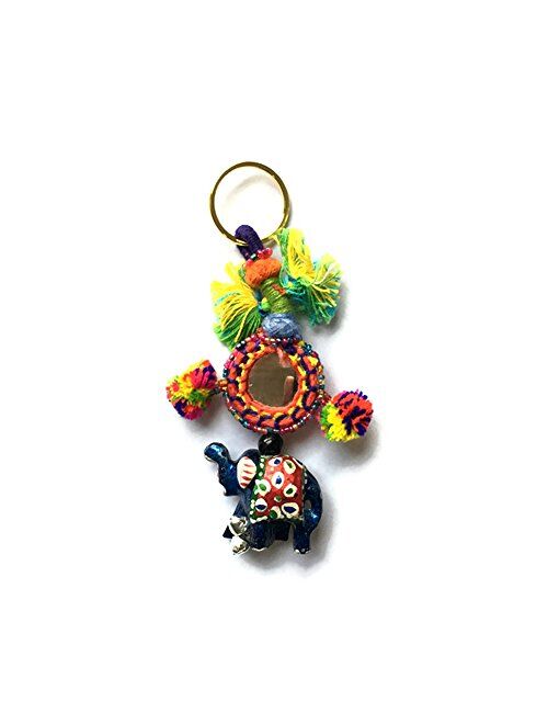 Stylo Culture Hand Knitted Bohemian Cute Keychain For Mom From Daughter Indian Multicolored Mirror, Pom Pom Balls, Elephant & Beads Gift Silk Thread Cute Keychain For Sal