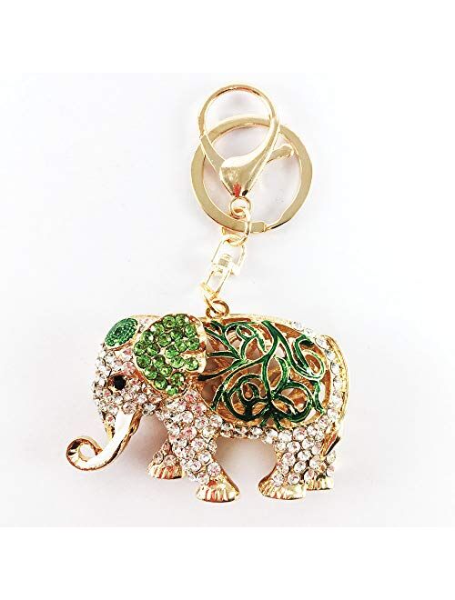 BellaMustard Lucky Elephant Green Colorful Keychain Rhinestone Plating Crystal 3d Keyring Jewelry Gift Charms Chain Bag Purse Fashion Animal Pendant Keychains Car for Wom