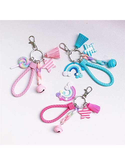 JZYZSNLB Keychain New Lovely Cute Rainbow Key Chain Leather Strap Braided Rope Tassel Keychain for Women Girl Bell Star Lollipop Bag Charm Pendant (Color : A24)