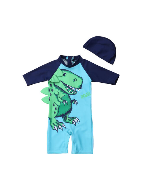 2PCS Toddler Baby Kids Boy Dinosaur Sun Protective Swimwear Rash Guard Swimsuit+Hat Costume