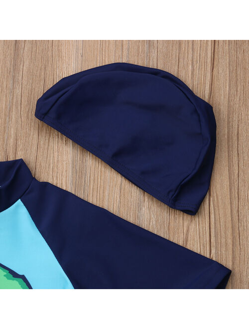 2PCS Toddler Baby Kids Boy Dinosaur Sun Protective Swimwear Rash Guard Swimsuit+Hat Costume