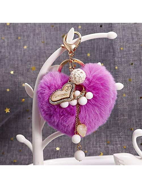 JZYZSNLB Keychain Cute Heart Pompom Keychain Charms Pearl Tassel Fluffy Flush Faux Rabbit Fur Key Chains for Women Girl Heart Bag Charms Pendant (Color : Beige White)