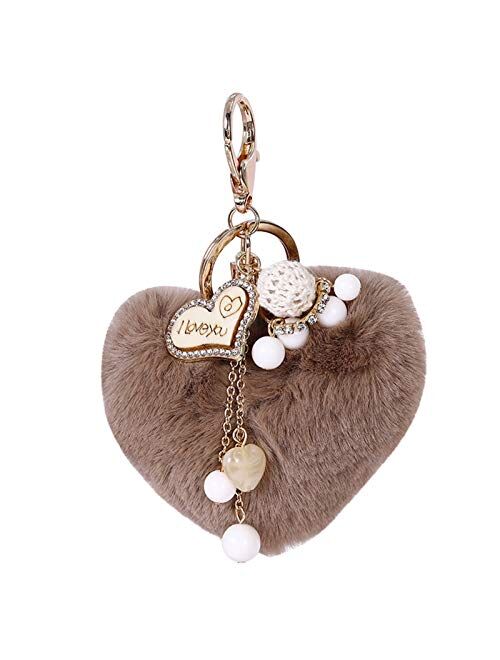 JZYZSNLB Keychain Cute Heart Pompom Keychain Charms Pearl Tassel Fluffy Flush Faux Rabbit Fur Key Chains for Women Girl Heart Bag Charms Pendant (Color : Beige White)