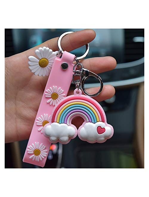 Fylsdes Cartoon Keychain Pink Rubber Clouds Keychain Women Girl Cute Flower Bell Rainbow Key Chain Lanyard Trinket Party Gift Interior Accessories (Color : 1)