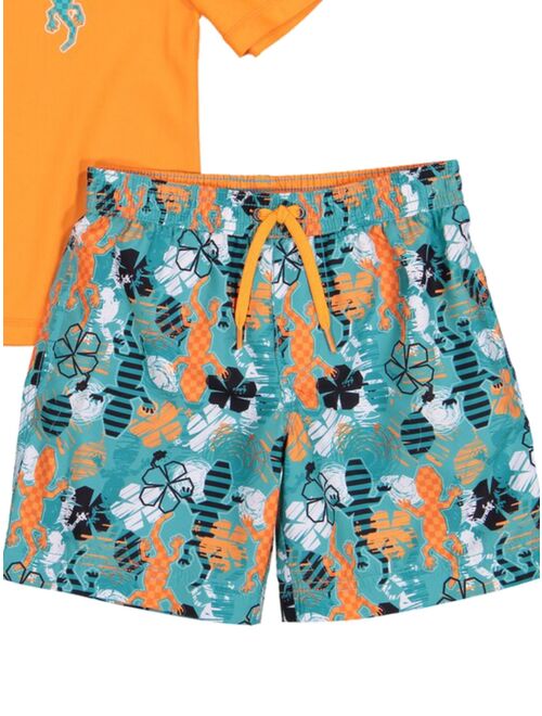 Kiko & Max Toddler Boys Orange Gecko Tropical Rash Guard Shirt & Swim Trunks