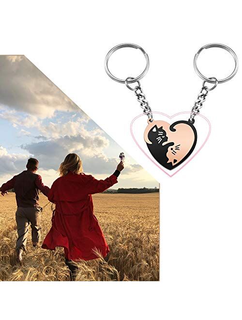 AllerPierce Cute Cat Couples Keychain Gift Heart Puzzle Key chains for Boyfriend Girlfriend Valentine's Day Birthday Gifts