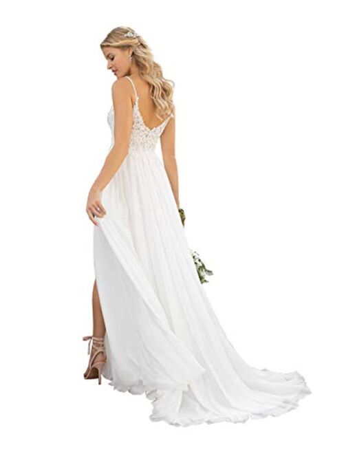 Women's Spaghetti Strap V-Neck Lace Chiffon Beach Wedding Dress A-line Bridal Wedding Gowns with Slit