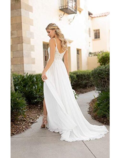 Women's Spaghetti Strap V-Neck Lace Chiffon Beach Wedding Dress A-line Bridal Wedding Gowns with Slit